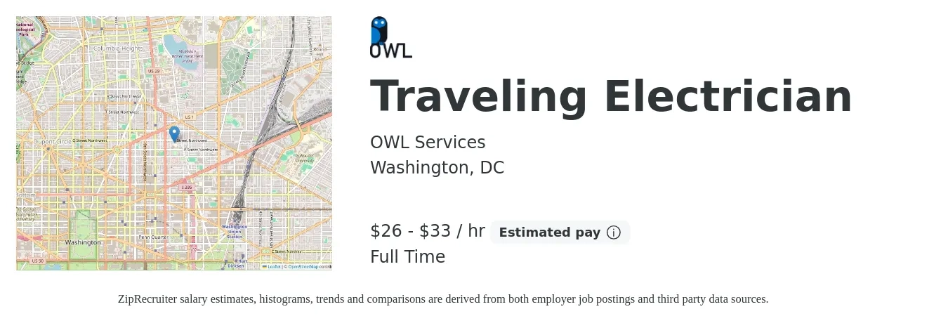 OWL Services job posting for a Traveling Electrician in Washington, DC with a salary of $28 to $35 Hourly with a map of Washington location.