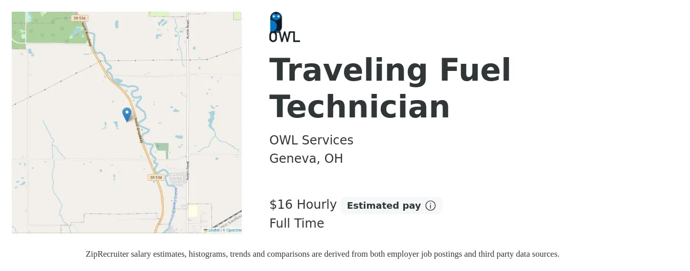 OWL Services job posting for a Traveling Fuel Technician in Geneva, OH with a salary of $17 Hourly with a map of Geneva location.