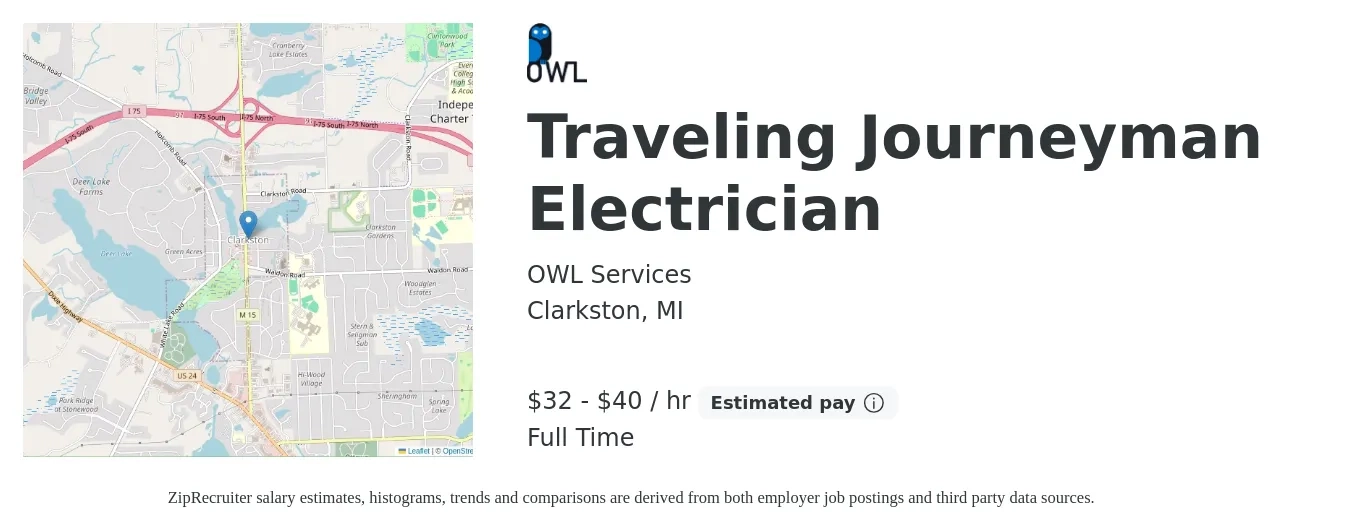 OWL Services job posting for a Traveling Journeyman Electrician in Clarkston, MI with a salary of $34 to $42 Hourly with a map of Clarkston location.
