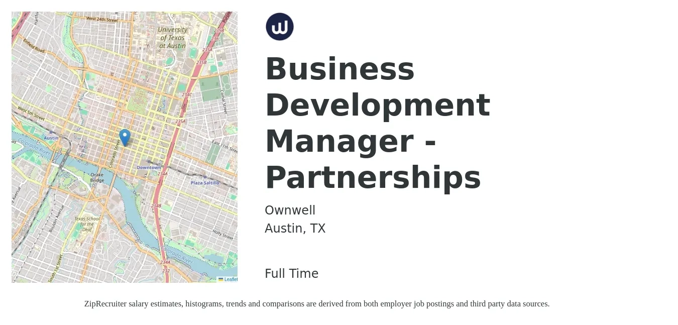 Ownwell job posting for a Business Development Manager - Partnerships in Austin, TX with a salary of $60,500 to $99,100 Yearly with a map of Austin location.