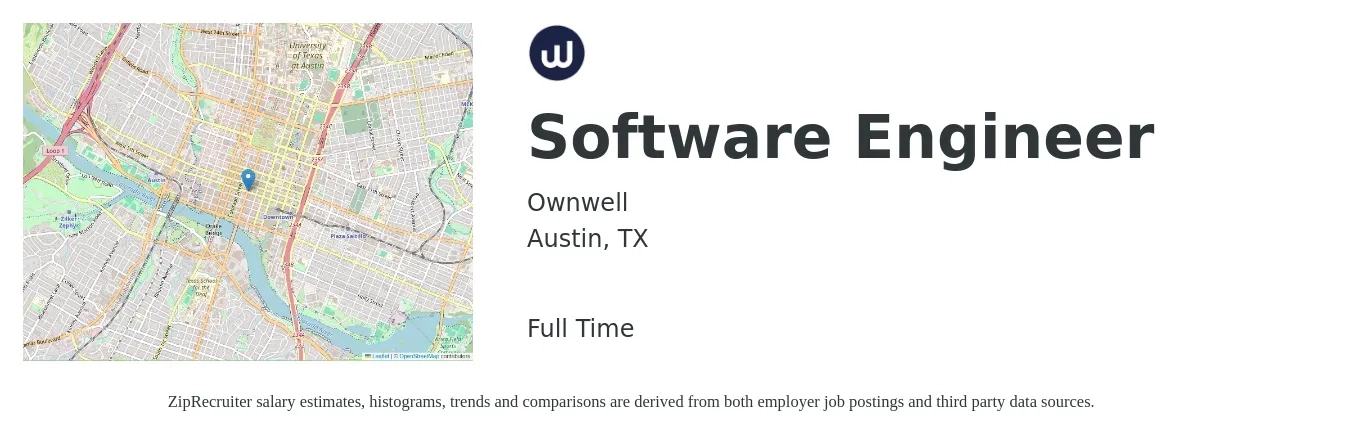 Ownwell job posting for a Software Engineer in Austin, TX with a salary of $118,900 to $171,500 Yearly with a map of Austin location.