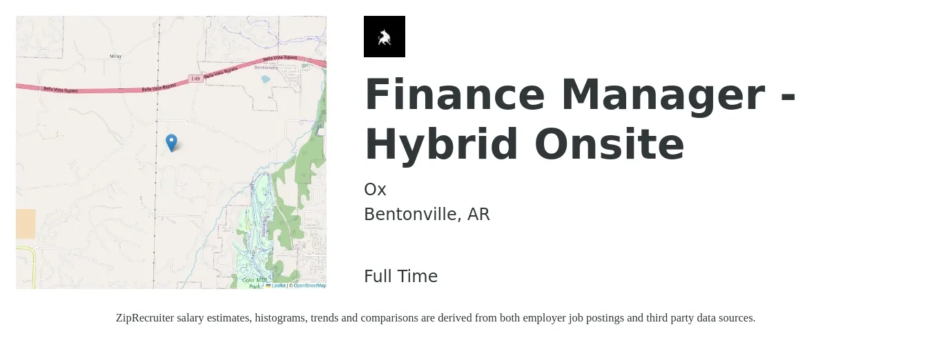Ox job posting for a Finance Manager - Hybrid Onsite in Bentonville, AR with a salary of $80,400 to $143,000 Yearly with a map of Bentonville location.