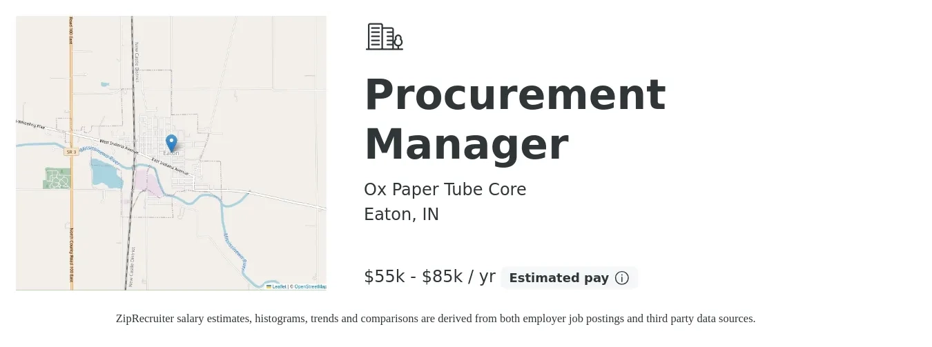 Ox Paper Tube Core job posting for a Procurement Manager in Eaton, IN with a salary of $55,000 to $85,000 Yearly with a map of Eaton location.