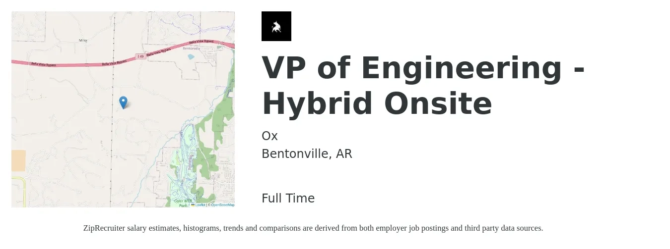 Ox job posting for a VP of Engineering - Hybrid Onsite in Bentonville, AR with a salary of $153,200 to $197,500 Yearly with a map of Bentonville location.