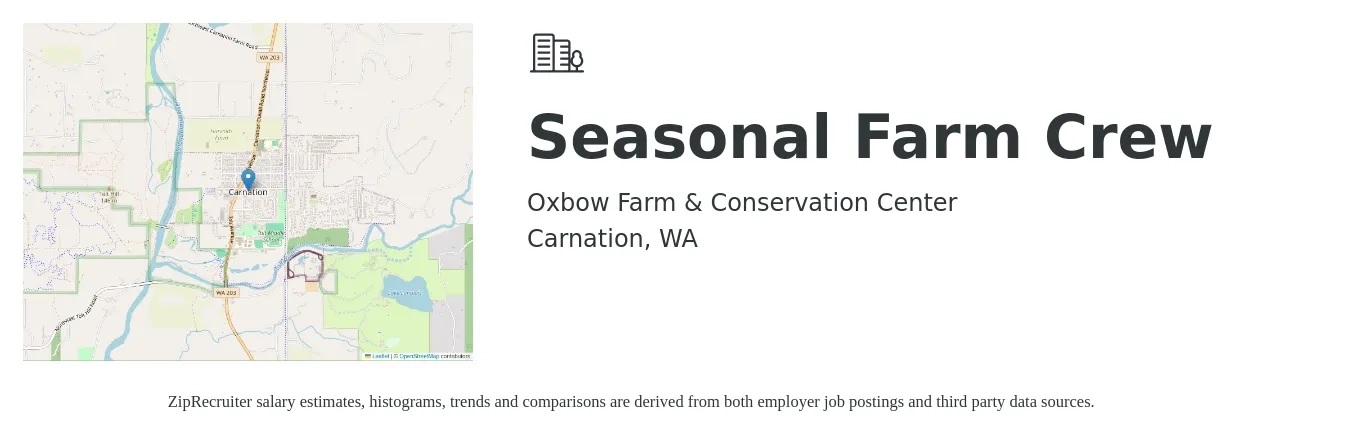 Oxbow Farm & Conservation Center job posting for a Seasonal Farm Crew in Carnation, WA with a salary of $22 Hourly with a map of Carnation location.