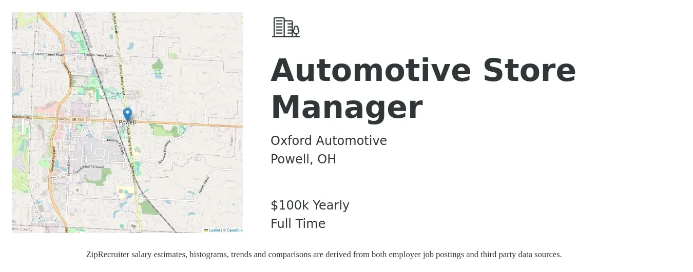 Oxford Automotive job posting for a Automotive Store Manager in Powell, OH with a salary of $100,000 Yearly with a map of Powell location.