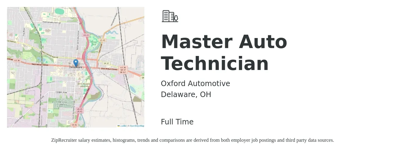 Oxford Automotive job posting for a Master Auto Technician in Delaware, OH with a salary of $30 to $43 Hourly with a map of Delaware location.