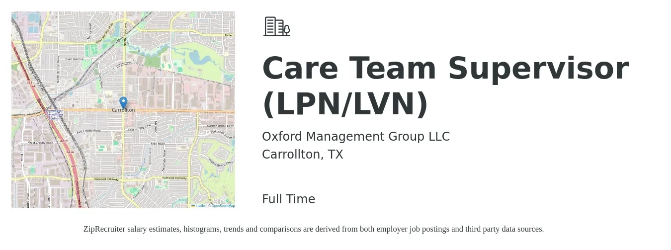 Oxford Management Group LLC job posting for a Care Team Supervisor (LPN/LVN) in Carrollton, TX with a salary of $1,160 to $1,630 Weekly with a map of Carrollton location.