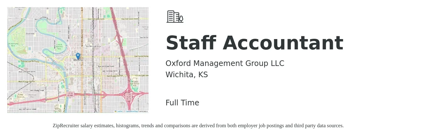 Oxford Management Group LLC job posting for a Staff Accountant in Wichita, KS with a salary of $49,200 to $64,900 Yearly with a map of Wichita location.