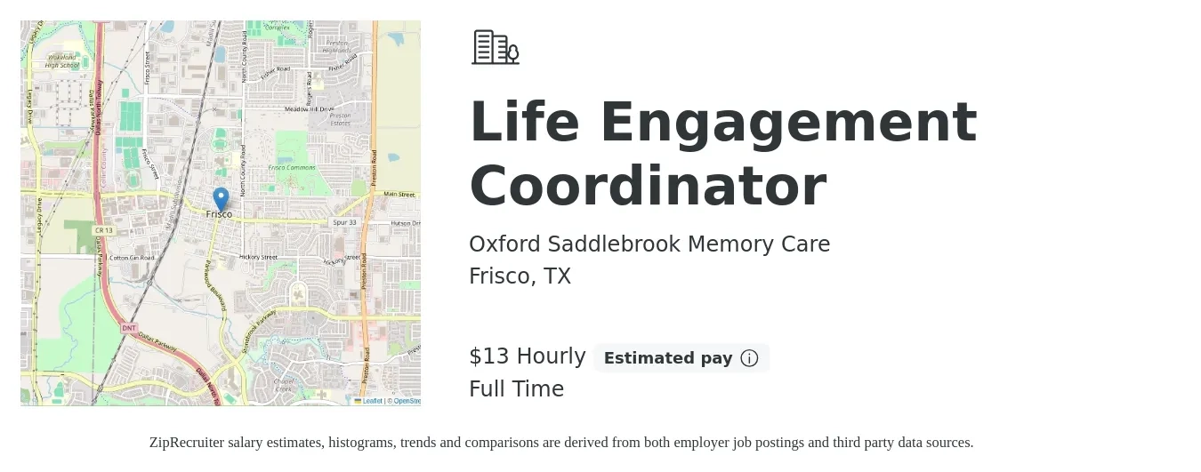Oxford Saddlebrook Memory Care job posting for a Life Engagement Coordinator in Frisco, TX with a salary of $14 Hourly with a map of Frisco location.