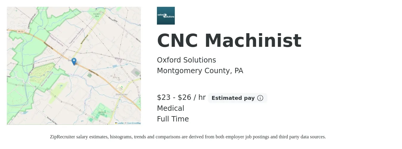 Oxford Solutions job posting for a CNC Machinist in Montgomery County, PA with a salary of $24 to $28 Hourly and benefits including medical with a map of Montgomery County location.