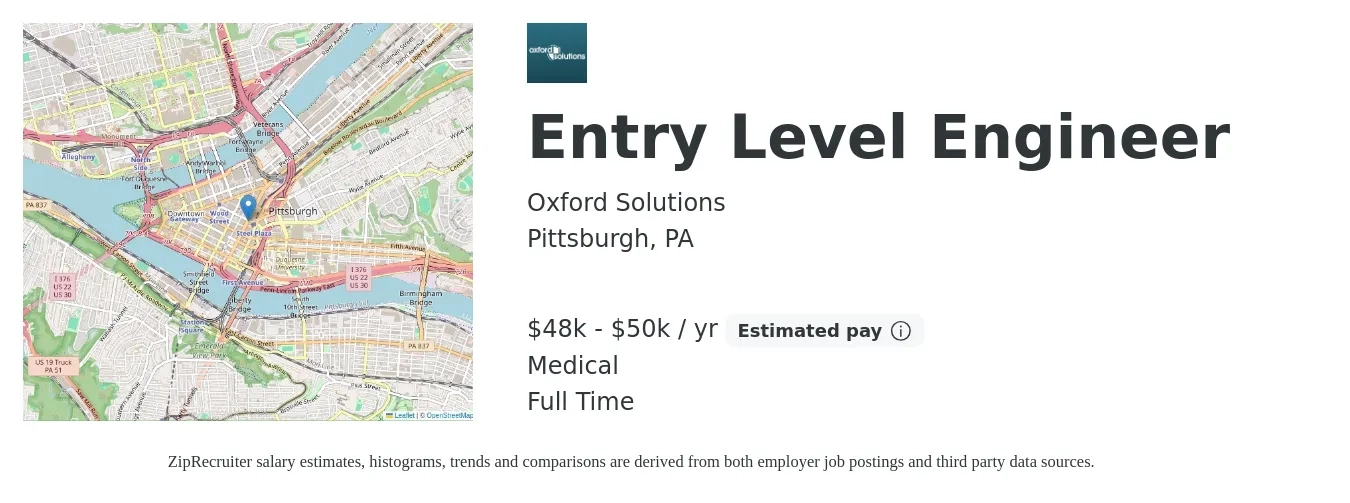 Oxford Solutions job posting for a Entry Level Engineer in Pittsburgh, PA with a salary of $48,000 to $50,000 Yearly and benefits including medical with a map of Pittsburgh location.