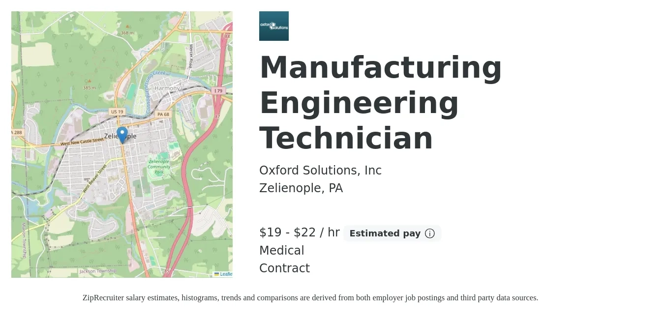 Oxford Solutions job posting for a Manufacturing Engineering Technician in Zelienople, PA with a salary of $20 to $23 Hourly and benefits including medical with a map of Zelienople location.