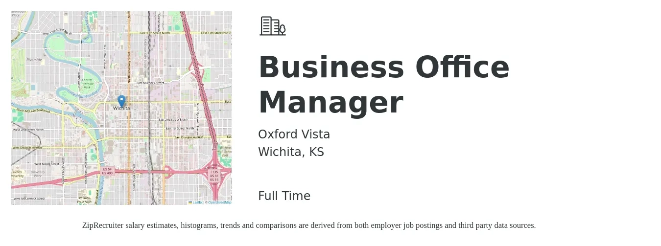 Oxford Vista job posting for a Business Office Manager in Wichita, KS with a salary of $22 to $30 Hourly with a map of Wichita location.