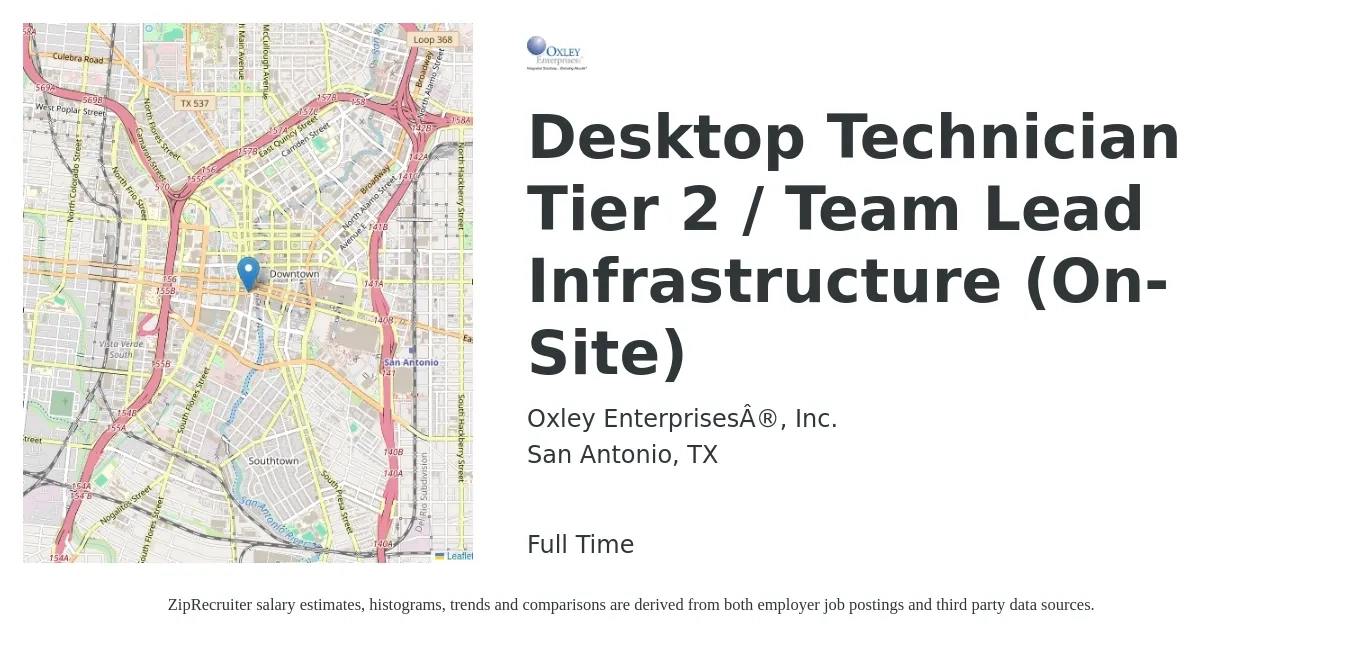 Oxley Enterprises®, Inc. job posting for a Desktop Technician Tier 2 / Team Lead Infrastructure (On-Site) in San Antonio, TX with a salary of $17 to $22 Hourly with a map of San Antonio location.