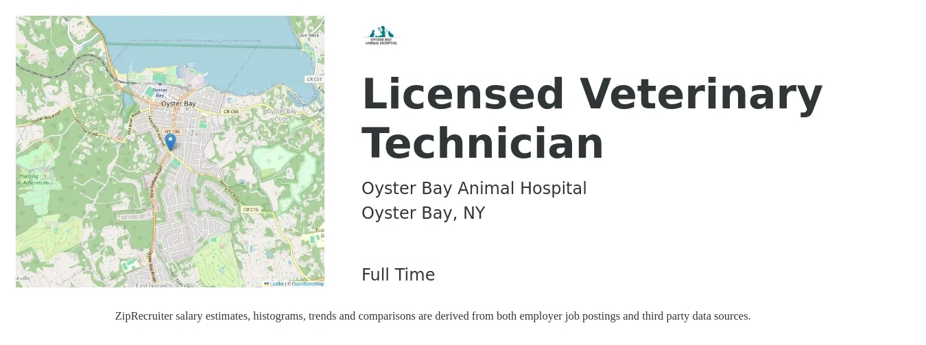 Oyster Bay Animal Hospital job posting for a Licensed Veterinary Technician in Oyster Bay, NY with a salary of $18 to $25 Hourly with a map of Oyster Bay location.