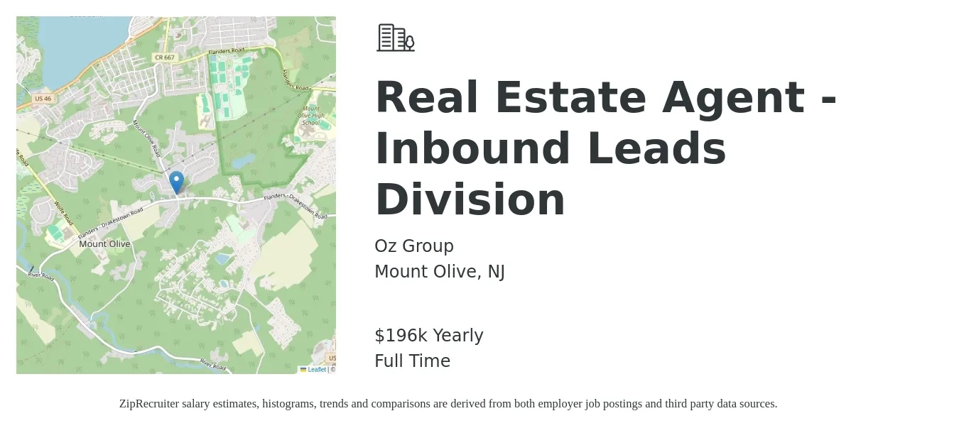 Oz Group job posting for a Real Estate Agent - Inbound Leads Division in Mount Olive, NJ with a salary of $196,492 Yearly with a map of Mount Olive location.