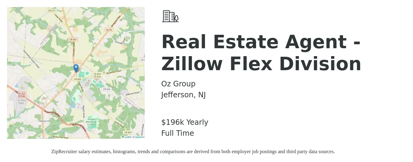 Oz Group job posting for a Real Estate Agent - Zillow Flex Division in Jefferson, NJ with a salary of $196,492 Yearly with a map of Jefferson location.