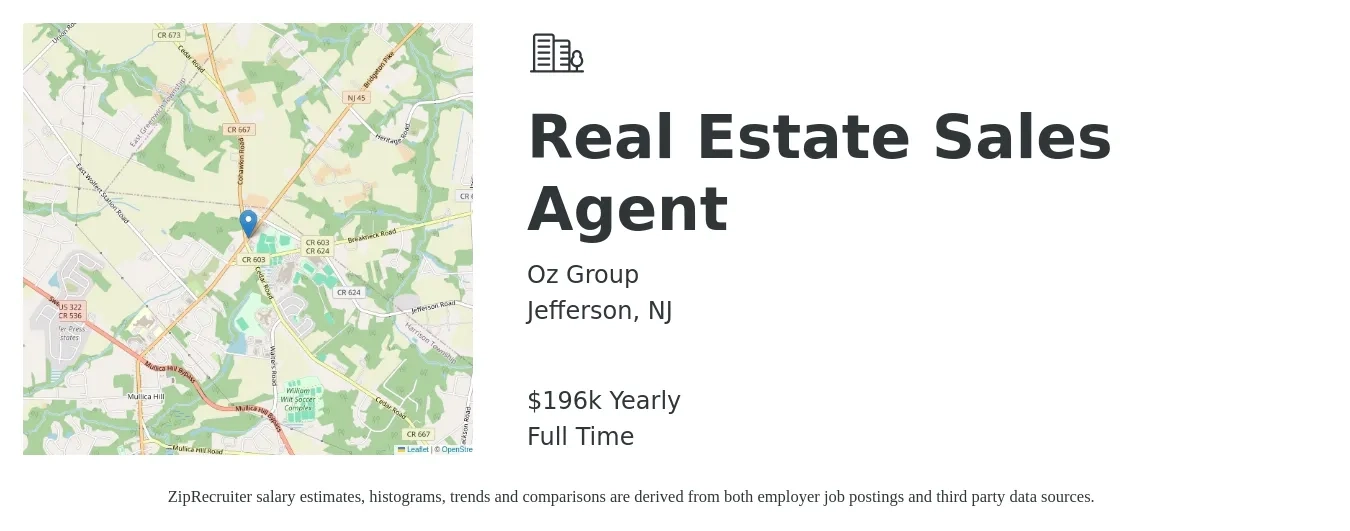 Oz Group job posting for a Real Estate Sales Agent in Jefferson, NJ with a salary of $196,492 Yearly with a map of Jefferson location.