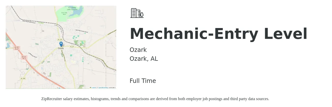 Ozark job posting for a Mechanic-Entry Level in Ozark, AL with a salary of $14 to $21 Hourly with a map of Ozark location.
