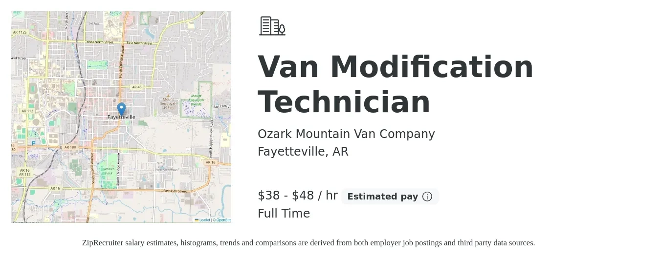 Ozark Mountain Van Company job posting for a Van Modification Technician in Fayetteville, AR with a salary of $40 to $50 Hourly with a map of Fayetteville location.