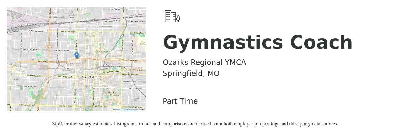 Ozarks Regional YMCA job posting for a Gymnastics Coach in Springfield, MO with a salary of $13 to $19 Hourly with a map of Springfield location.