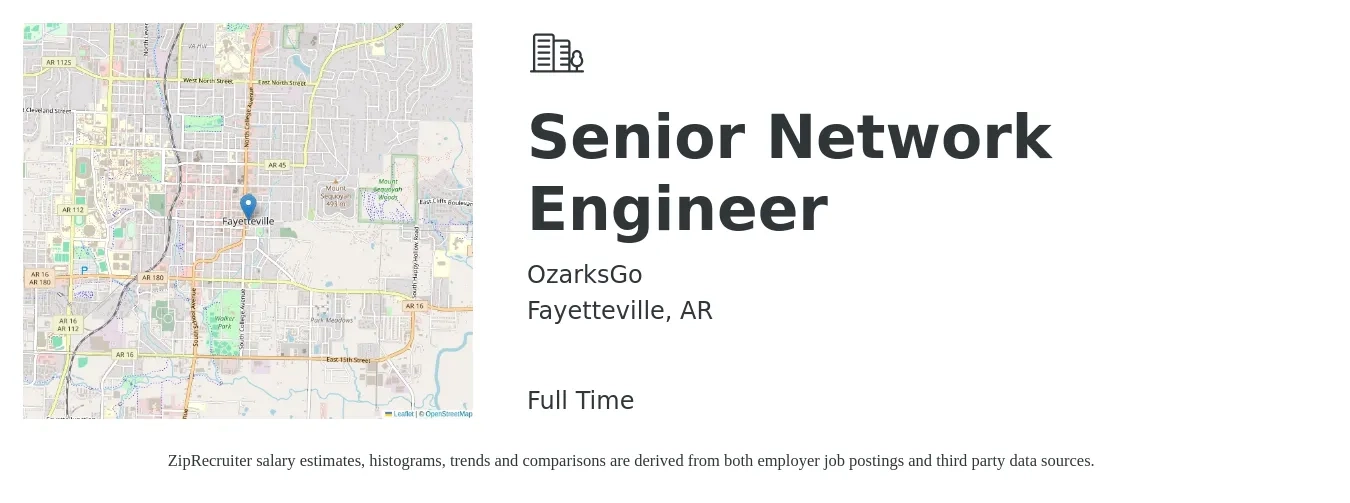 OzarksGo job posting for a Senior Network Engineer in Fayetteville, AR with a salary of $99,700 to $136,600 Yearly with a map of Fayetteville location.