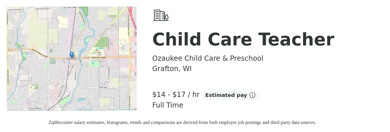Ozaukee Child Care & Preschool job posting for a Child Care Teacher in Grafton, WI with a salary of $15 to $18 Hourly with a map of Grafton location.