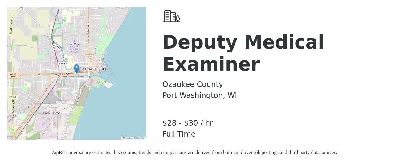Ozaukee County job posting for a Deputy Medical Examiner in Port Washington, WI with a salary of $29 to $32 Hourly with a map of Port Washington location.