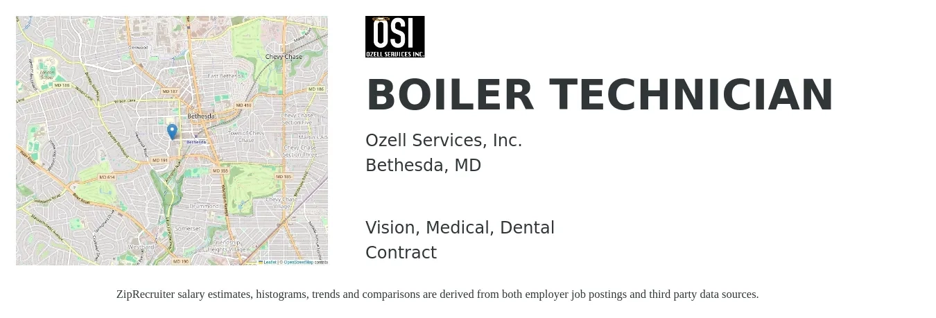 Ozell Services, Inc. job posting for a BOILER TECHNICIAN in Bethesda, MD with a salary of $32 to $48 Hourly and benefits including life_insurance, medical, retirement, vision, and dental with a map of Bethesda location.