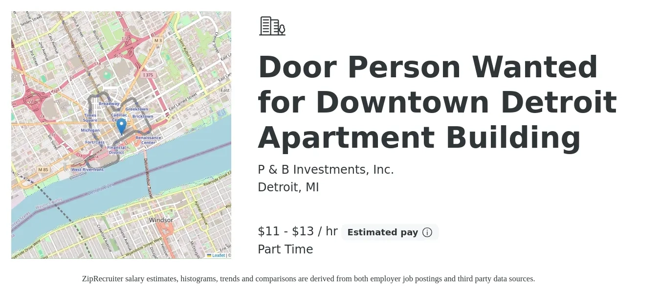 P & B Investments, Inc. job posting for a Door Person Wanted for Downtown Detroit Apartment Building in Detroit, MI with a salary of $12 to $14 Hourly with a map of Detroit location.