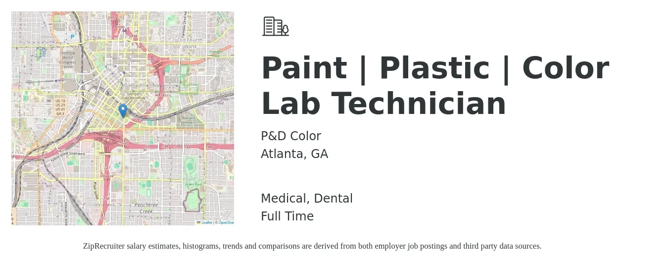 P&D Color job posting for a Paint | Plastic | Color Lab Technician in Atlanta, GA with a salary of $18 to $24 Hourly and benefits including dental, medical, pto, and retirement with a map of Atlanta location.
