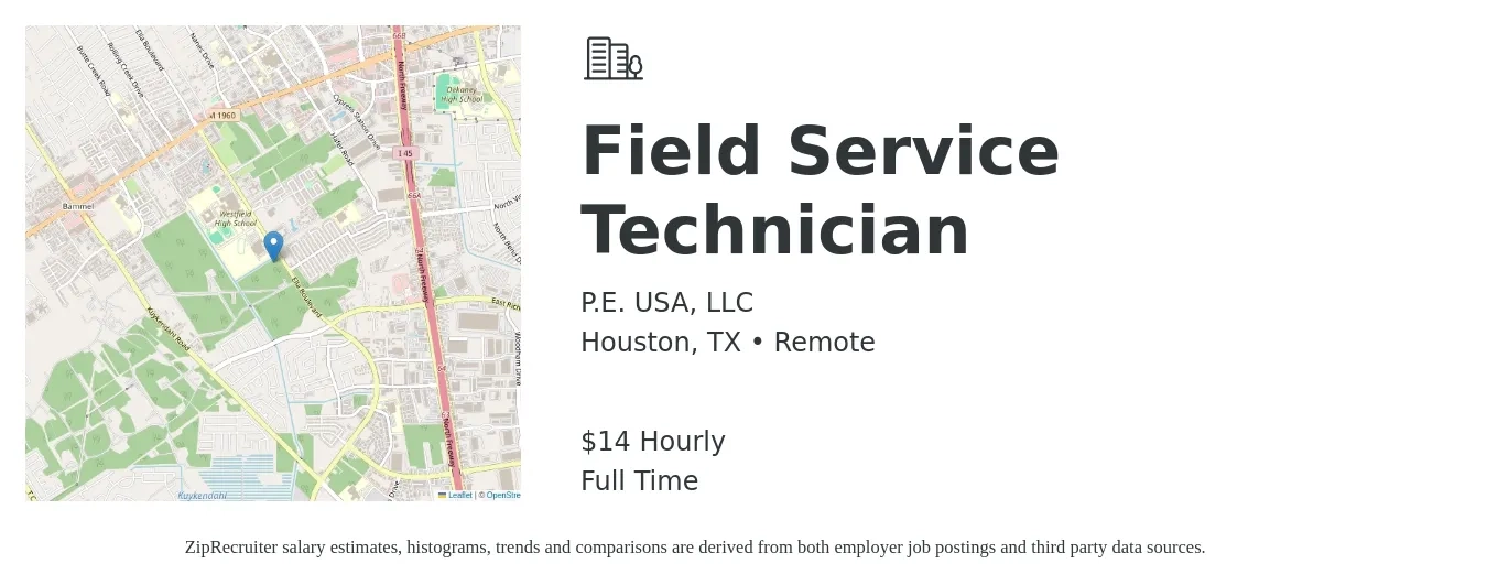 P.E. USA, LLC job posting for a Field Service Technician in Houston, TX with a salary of $16 Hourly with a map of Houston location.