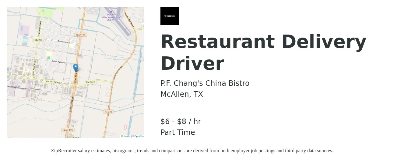 P.F. Chang's China Bistro job posting for a Restaurant Delivery Driver in McAllen, TX with a salary of $7 to $9 Hourly with a map of McAllen location.
