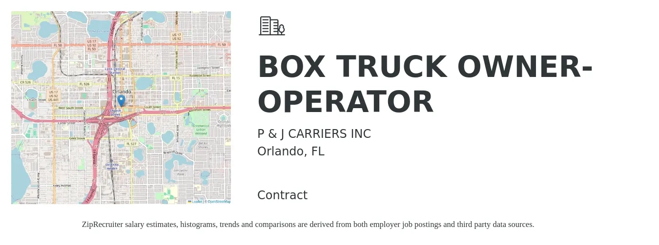 P & J CARRIERS INC job posting for a BOX TRUCK OWNER-OPERATOR in Orlando, FL with a salary of $6,000 to $7,500 Weekly with a map of Orlando location.