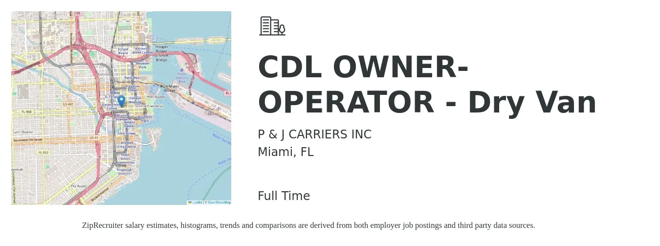 P & J CARRIERS INC job posting for a CDL OWNER-OPERATOR - Dry Van in Miami, FL with a salary of $9,000 to $14,000 Weekly with a map of Miami location.