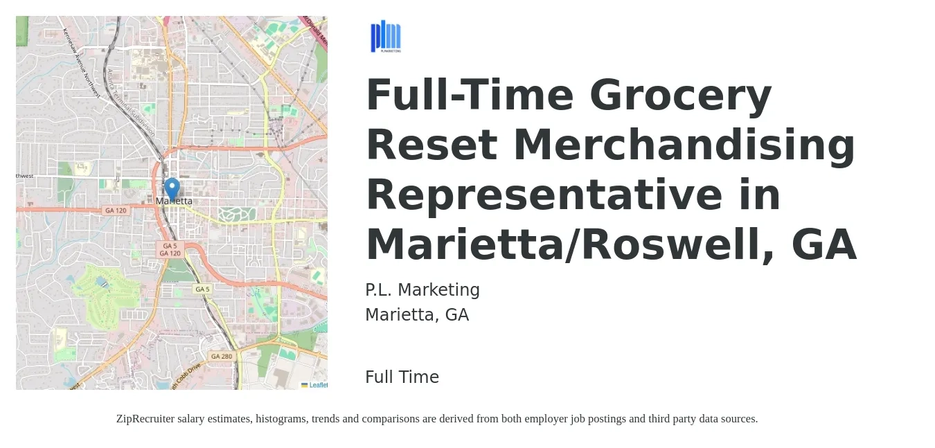 P.L. Marketing job posting for a Full-Time Grocery Reset Merchandising Representative in Marietta/Roswell, GA in Marietta, GA with a salary of $13 to $14 Hourly with a map of Marietta location.