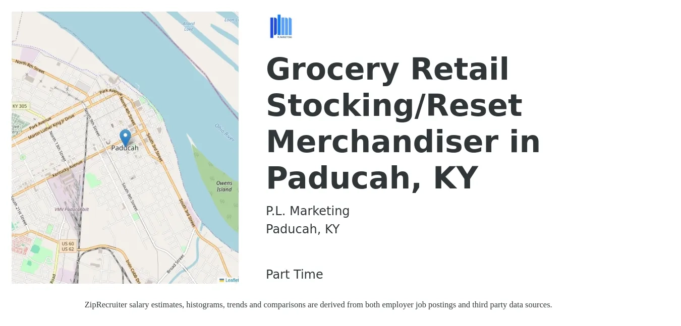 P.L. Marketing job posting for a Grocery Retail Stocking/Reset Merchandiser in Paducah, KY in Paducah, KY with a salary of $17 to $19 Hourly with a map of Paducah location.
