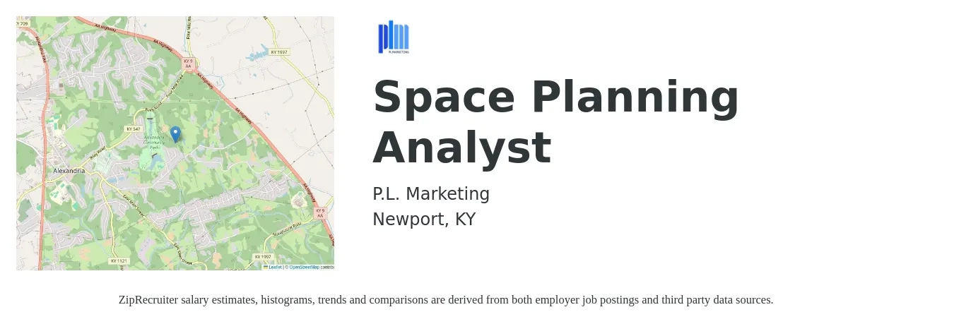 P.L. Marketing job posting for a Space Planning Analyst in Newport, KY with a salary of $57,900 to $85,400 Yearly with a map of Newport location.