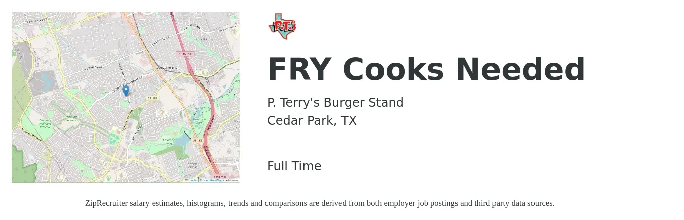 P. Terry's Burger Stand job posting for a FRY Cooks Needed in Cedar Park, TX with a salary of $13 to $15 Hourly with a map of Cedar Park location.