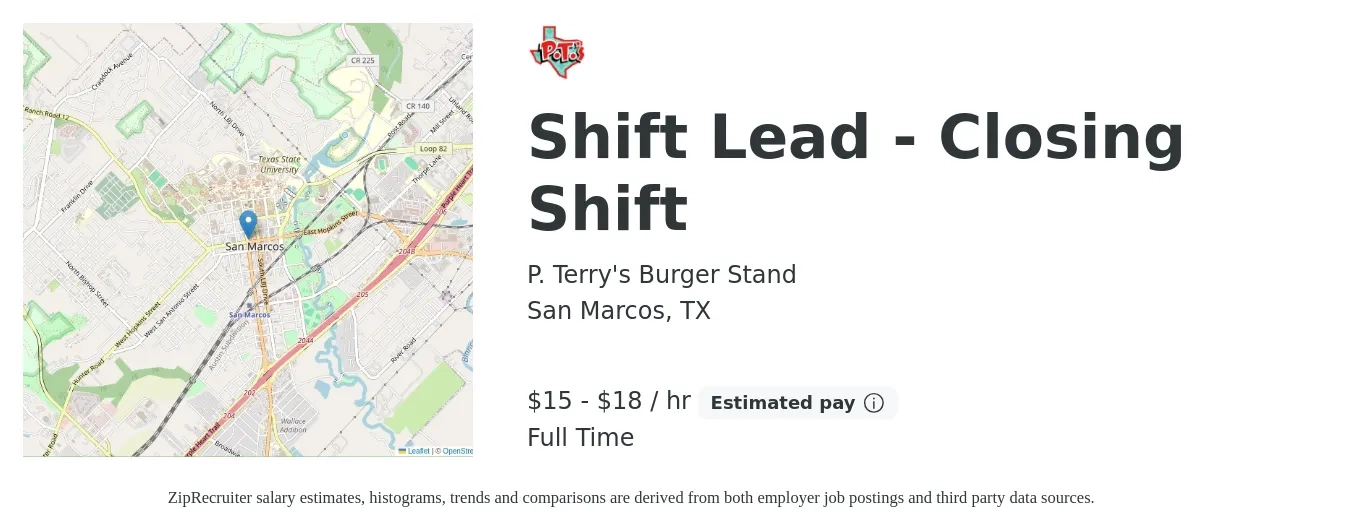 P. Terry's Burger Stand job posting for a Shift Lead - Closing Shift in San Marcos, TX with a salary of $16 to $19 Hourly with a map of San Marcos location.