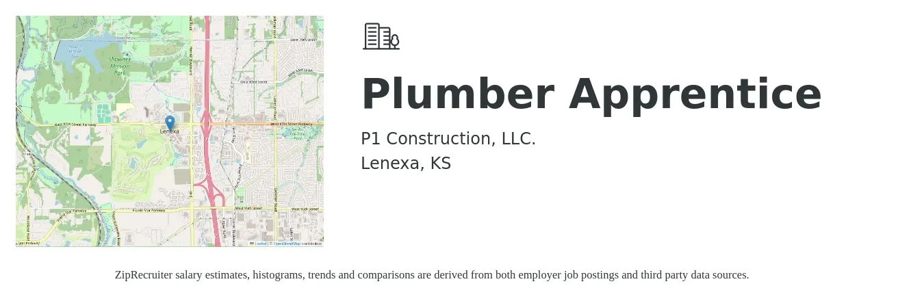 P1 Construction, LLC. job posting for a Plumber Apprentice in Lenexa, KS with a salary of $16 to $22 Hourly with a map of Lenexa location.