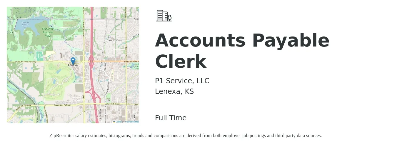P1 Service, LLC job posting for a Accounts Payable Clerk in Lenexa, KS with a salary of $18 to $23 Hourly with a map of Lenexa location.