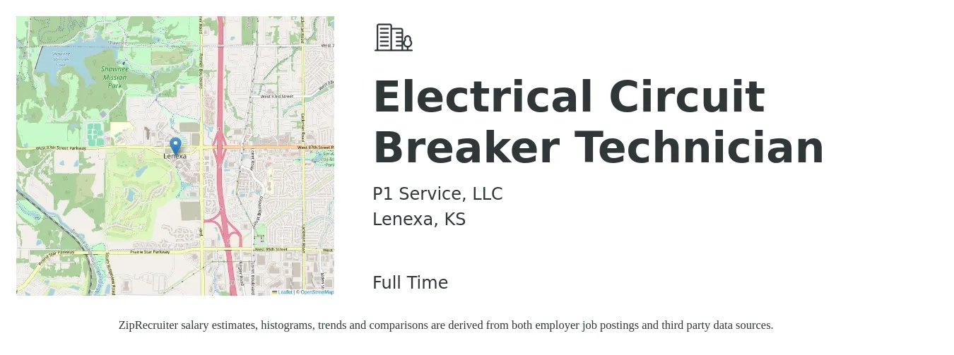 P1 Service, LLC job posting for a Electrical Circuit Breaker Technician in Lenexa, KS with a salary of $21 to $30 Hourly with a map of Lenexa location.