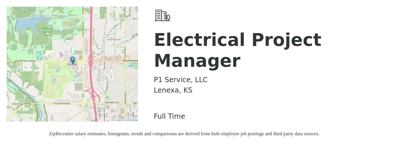 P1 Service, LLC job posting for a Electrical Project Manager in Lenexa, KS with a salary of $77,900 to $110,700 Yearly with a map of Lenexa location.
