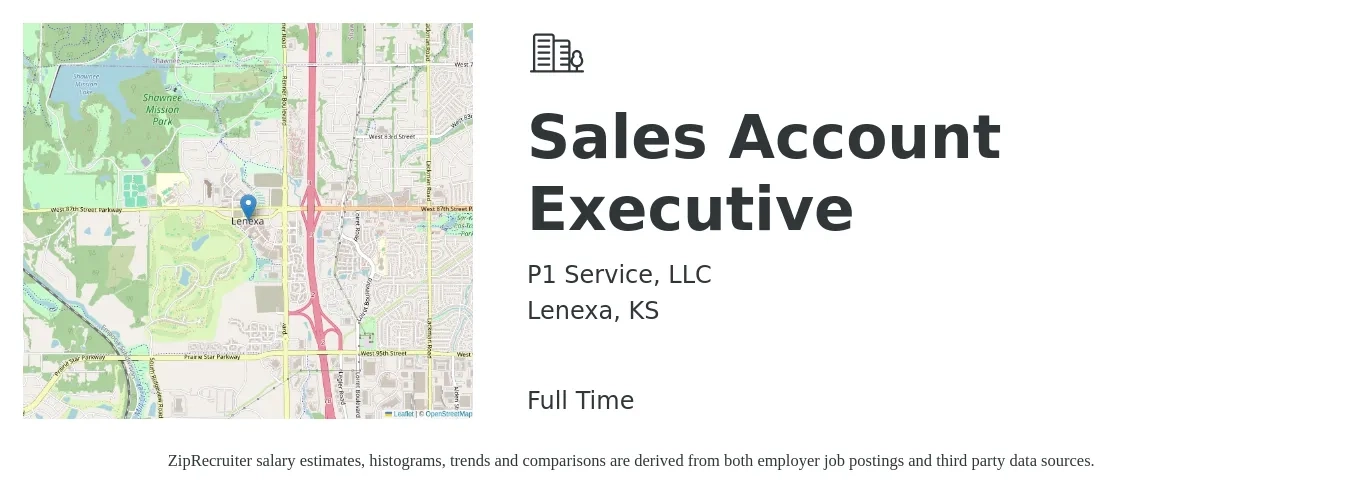 P1 Service, LLC job posting for a Sales Account Executive in Lenexa, KS with a salary of $48,800 to $76,600 Yearly with a map of Lenexa location.