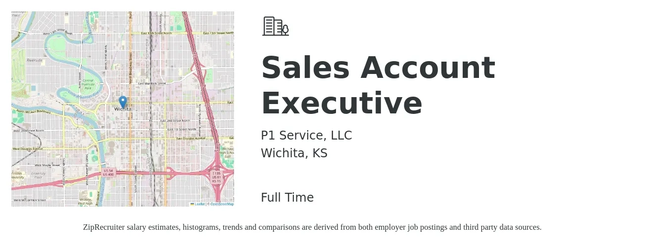 P1 Service, LLC job posting for a Sales Account Executive in Wichita, KS with a salary of $49,000 to $77,000 Yearly with a map of Wichita location.