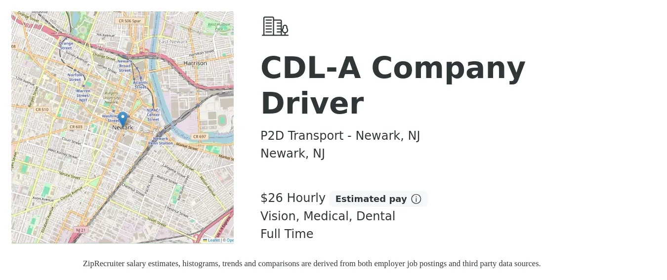 P2D Transport - Newark, NJ job posting for a CDL-A Company Driver in Newark, NJ with a salary of $28 Hourly and benefits including retirement, vision, dental, and medical with a map of Newark location.