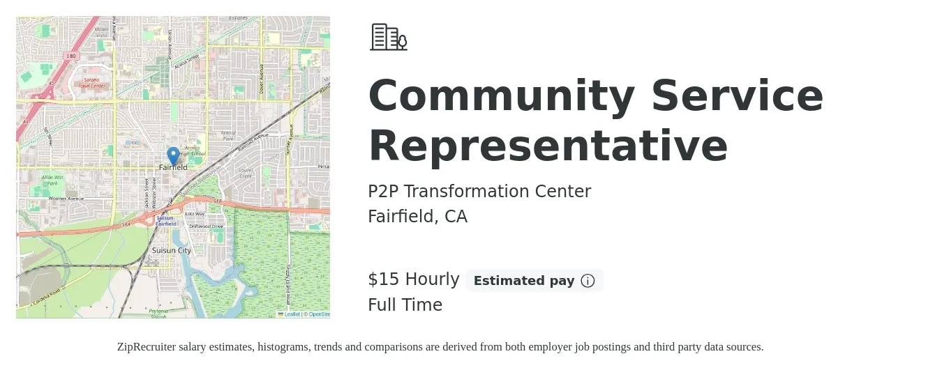 P2P Transformation Center job posting for a Community Service Representative in Fairfield, CA with a salary of $16 Hourly with a map of Fairfield location.