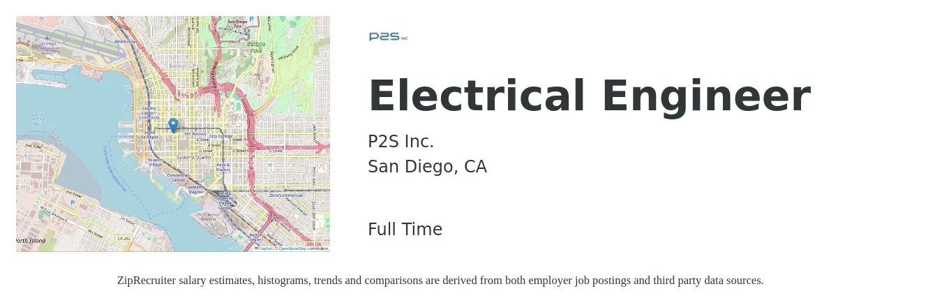 P2S Inc. job posting for a Electrical Engineer in San Diego, CA with a salary of $130,000 to $160,000 Yearly with a map of San Diego location.